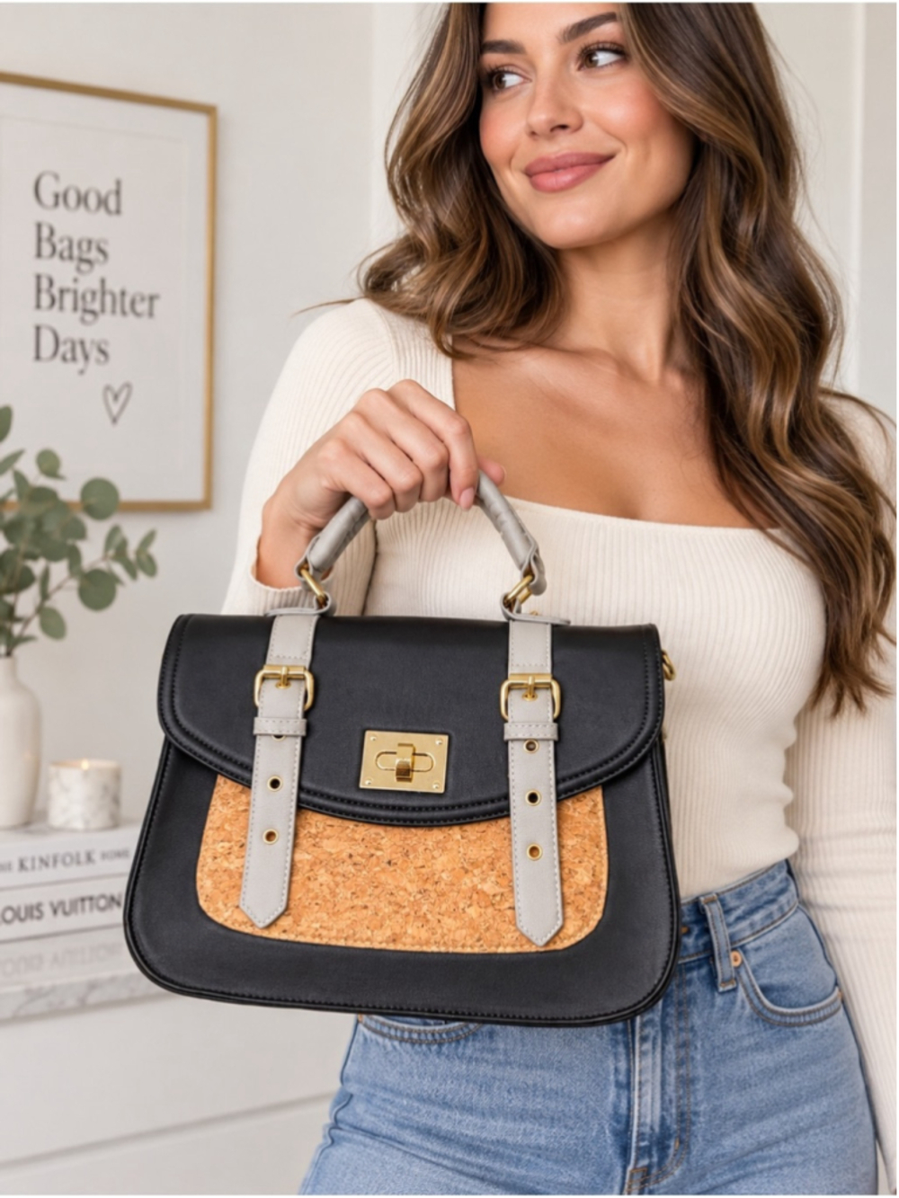 Pixie Mood Black & Cork Top-Handle Women's Satchel Vegan Leather Handbag